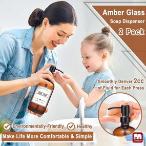 img 1 attached to GMISUN Amber Glass Soap Dispenser, 2 Pack Thick Dish And Hand Soap Dispenser Set With Rustproof Matte Black Stainless Steel Pump, 16 Oz Farmhouse Brown Refillable Liquid Bottle For Kitchen & Bathroom