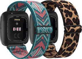 img 4 attached to Fitbit Versa 2 / Versa/Versa Lite/Versa SE-Compatible Elastic Bands - 2 Pack, Women Men Adjustable Nylon Sport Stretchy Wristband for Fitbit Versa/Versa 2 (Green Arrow+Leopard)