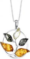 peora genuine baltic amber tree of life pendant necklace & earrings 925 sterling silver, cognac, olive green, honey yellow colors logo