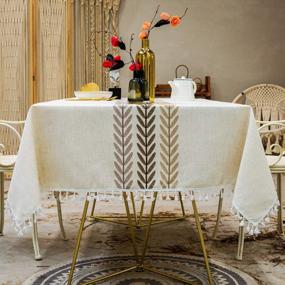 img 4 attached to Rustic Embroidered Linen Tablecloth With Tassels - Wrinkle Resistant For Dining Room Tables