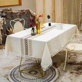 img 3 attached to Rustic Embroidered Linen Tablecloth With Tassels - Wrinkle Resistant For Dining Room Tables