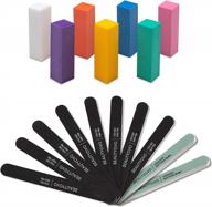 complete set of professional manicure tools: eight 100/180 grit nail files, seven 120 grit rectangular nail buffers, and two 1000/4000 grit nail polishers logo