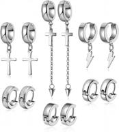 6 pairs 18g huggie dangle hoop earrings: 9mm cross clip on, pierced lobe helix & hip-hop piercing logo