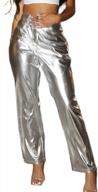 women's metallic faux leather high waist straight leg long pants trousers with pockets logo