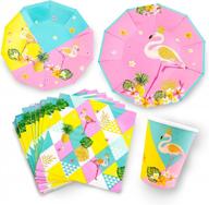 flamingo party supplies serves 16 - large paper plates, small plates, cups, napkins with flamingo, summer and pineapple theme. logo