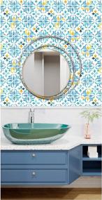 img 1 attached to HAOKHOME 96028 Watercolor Peel And Stick Wallpaper Tiles Removable Blue/White/Yellow Bathroom Home Wall Decor 17.7In X 9.8Ft