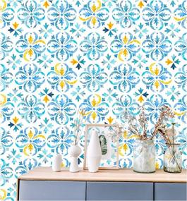 img 2 attached to HAOKHOME 96028 Watercolor Peel And Stick Wallpaper Tiles Removable Blue/White/Yellow Bathroom Home Wall Decor 17.7In X 9.8Ft