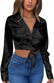 img 3 attached to GOBLES Womens Sexy Long Sleeve Blouses V Neck Tie Knot Tops Button Up Shirts
