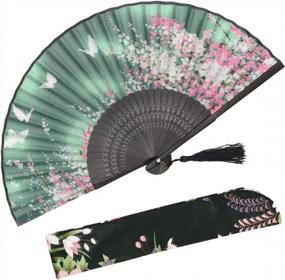 img 4 attached to OMyTea® Веер для женщин на рукоятке из шелка с бамбуковым каркасом, с защитным чехлом из ткани, подарок с узором сакуры и цветов вишни WZS-2