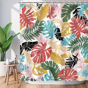 img 4 attached to LIVILAN Tropical Shower Curtain Monstera Shower Curtain Leaf Shower Curtain Plant Colorful Palm Banana Leaves Shower Curtain Hooks, Green Pink Botanical Jungle Bathroom Decor, 72" X 72" Inch