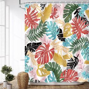 img 2 attached to LIVILAN Tropical Shower Curtain Monstera Shower Curtain Leaf Shower Curtain Plant Colorful Palm Banana Leaves Shower Curtain Hooks, Green Pink Botanical Jungle Bathroom Decor, 72" X 72" Inch