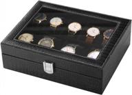 9-compartment black/black faux leather watch box organizer with soft flocking lining - perfect for men and women! logo