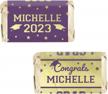 distinctivs personalized graduation mini chocolate candy bar wrapper labels, grad party favor stickers - class of 2023-45 stickers (purple and gold) logo