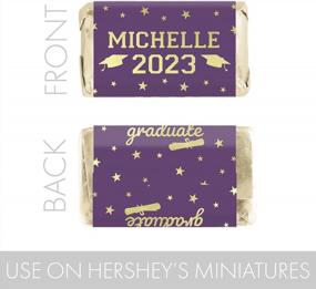 img 1 attached to DISTINCTIVS Personalized Graduation Mini Chocolate Candy Bar Wrapper Labels, Grad Party Favor Stickers - Class Of 2023-45 Stickers (Purple And Gold)