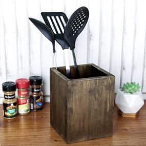 img 3 attached to MyGift Rustic Coffee Brown Wood Kitchen Utensil Holder For Countertop, Flatware Storage Caddy