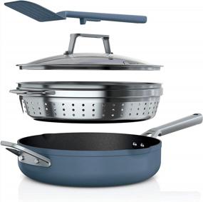 img 4 attached to Ninja Foodi NeverStick PossiblePan Premium Set - Macaron Blue: Nonstick, Durable, Oven Safe And Versatile With Steamer/Strainer Basket, Glass Lid, And Integrated Spatula