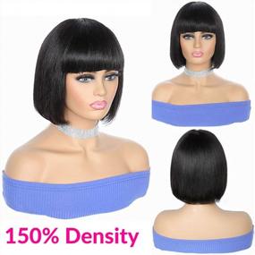 img 3 attached to ALIMICE Brazilian Virgin Human Hair Short Bob Wig With Bangs For Black Women - Machine Made, Glueless, Non-Lace Front Wig In 1B# Color, 10 Inches Length, And 150% Hair Density