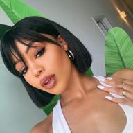 alimice brazilian virgin human hair short bob wig with bangs for black women - machine made, glueless, non-lace front wig in 1b# color, 10 inches length, and 150% hair density logo