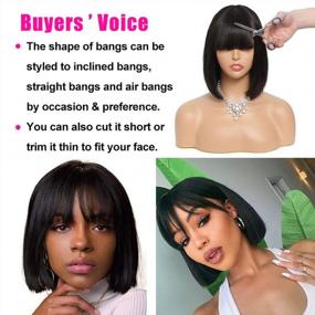 img 1 attached to ALIMICE Brazilian Virgin Human Hair Short Bob Wig With Bangs For Black Women - Machine Made, Glueless, Non-Lace Front Wig In 1B# Color, 10 Inches Length, And 150% Hair Density