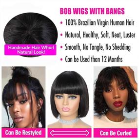 img 2 attached to ALIMICE Brazilian Virgin Human Hair Short Bob Wig With Bangs For Black Women - Machine Made, Glueless, Non-Lace Front Wig In 1B# Color, 10 Inches Length, And 150% Hair Density