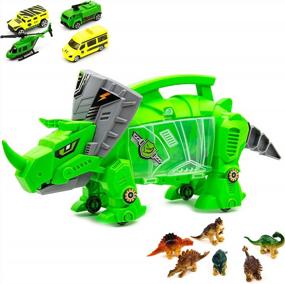 img 4 attached to Портативный органайзер для игрушек динозавров с ручкой для переноски и колесами - включает в себя мини-динозавров и автомобильные игрушки для детей - идеальная переноска для хранения игрушек Jurassic World для маленьких мальчиков и девочек