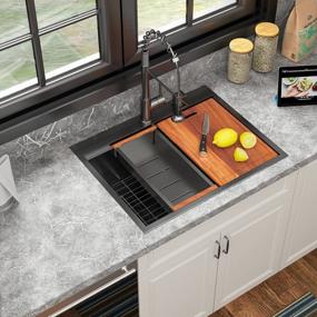 img 4 attached to 28-дюймовая черная кухонная мойка Gunmetal, встраиваемая рабочая станция - Sarlai 28 X22-дюймовая вставная кухонная раковина из нержавеющей стали с нано-покрытием