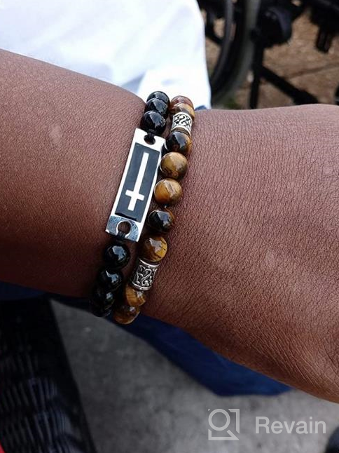 img 1 attached to 🐯 Stylish Gamtic Tiger Eye Men's Bracelet with Cross - 8mm Black Agate/White/Chakra Yoga Healing Stone Beads: Adjustable & Perfect Stress Relief Gift review by Peter Montoya