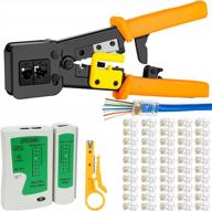 complete network/phone cable testing and crimping kit with pass through cat6 cat5e cat5 rj45 crimp tool, rj12 compatibility, 50pcs cat5 cat5e pass through connectors, and mini wire stripper logo