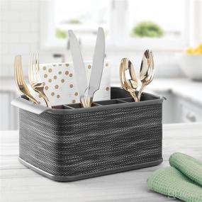 img 3 attached to 🍴 mDesign Plastic Cutlery Storage Organizer Caddy Tote Bin - Convenient Kitchen Cabinet or Pantry Solution with Handles - Holds Forks, Knives, Spoons, Napkins - Woven Accent, Ideal for Indoor and Outdoor Use - Charcoal Gray