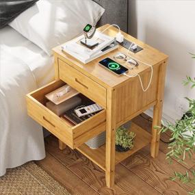 img 4 attached to Bamboo Nightstand With Modern Charging Station - 2 USB Ports And Power Outlets, 2 Drawers, And Open Storage For Bedroom And Living Room