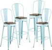 mecor 30'' metal bar stools set of 4 with removable backrest and wood seat, light blue dining chairs for kitchen counter height logo