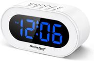 reacher small led digital alarm clock with snooze, easy to use, brightness dimmer, adjustable volume, outlet powered desk/shelf clock for bedroom and office (blue) logo