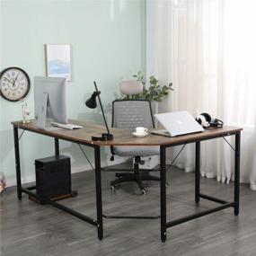img 2 attached to Современный коричневый L-образный стол из дерева и металла: многофункциональная рабочая станция для домашнего офиса, игр и письма