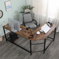modern brown wood & metal l-shaped desk: multi-usage workstation for home office, gaming & writing logo