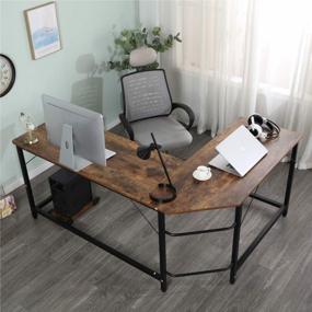 img 4 attached to Современный коричневый L-образный стол из дерева и металла: многофункциональная рабочая станция для домашнего офиса, игр и письма