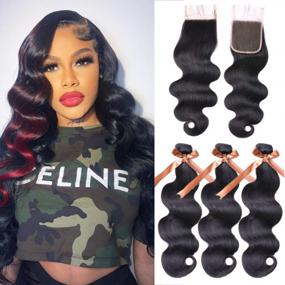 img 4 attached to 100% Brazilian Human Hair 3 Bundles With Lace Closure - ALLRUN Body Wave Unprocessed Virgin Hair (16 18 20+14) Natural Color