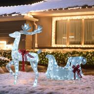 hourleey lighted christmas decorations outdoor, pre-lit 3d santa sleigh reindeer with 100 led cool white light, plug in waterproof christmas deer decorations for outdoor yard lawn garden party logo