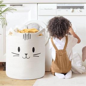img 1 attached to 🐱 INDRESSME Cute Baby Laundry Basket - Tall Nursery Hamper for Clothes, Towels, Blankets - Kids Toy Storage Basket for Living Room, Bedroom - Cat Basket for Playroom - 16 x 20 inches in White