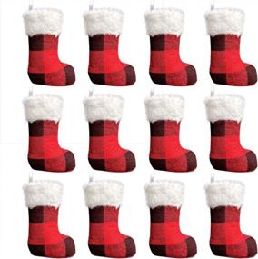 img 4 attached to 12 Pack Of Sattiych Mini Christmas Stockings: 6.3 Inches Red And Black Buffalo Plaid Farmhouse Design With Faux Fur Cuff