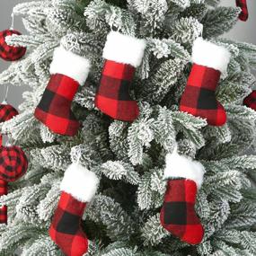 img 2 attached to 12 Pack Of Sattiych Mini Christmas Stockings: 6.3 Inches Red And Black Buffalo Plaid Farmhouse Design With Faux Fur Cuff
