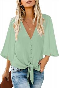 img 4 attached to LookbookStore Women'S V Neck Button Down Shirts 3/4 Bell Sleeve Tie Knot Blouse