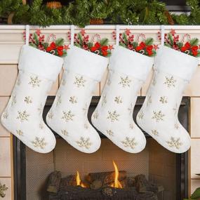 img 4 attached to 4 Pack 20 Inch Cream White Faux Fur Xmas Stockings W/ Gold Sequin Snowflakes - Super Soft Thick Plush For Christmas Decoration Holiday Decor (Dremisland)