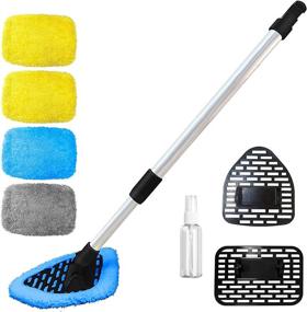 img 4 attached to Car Windshield Cleaner Tool - Window Cleaner, Microfiber Windshield Cleaner, Auto Glass Care Cleaner Kit with Washable Reusable Cloth and Detachable Handle for Auto Windshield Wiper, Blue/Grey/Yellow