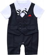 adorable baby boy's gentleman white shirt tuxedo onesie with waistcoat, bowtie, and jumpsuit overall romper logo