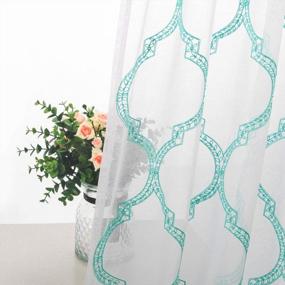 img 2 attached to Aqua Moroccan Tile Embroidered Sheer Curtains - Faux Linen Geometric Trellis Rod Pocket Semi Voile Window Curtain Panels, Set Of 2, 52 X 54 Inch Length