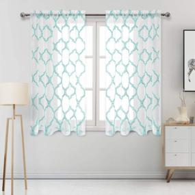 img 4 attached to Aqua Moroccan Tile Embroidered Sheer Curtains - Faux Linen Geometric Trellis Rod Pocket Semi Voile Window Curtain Panels, Set Of 2, 52 X 54 Inch Length
