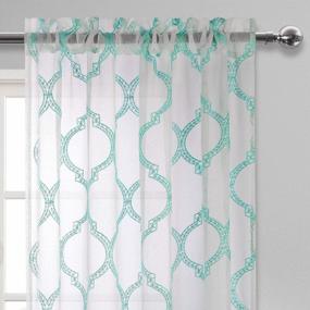 img 3 attached to Aqua Moroccan Tile Embroidered Sheer Curtains - Faux Linen Geometric Trellis Rod Pocket Semi Voile Window Curtain Panels, Set Of 2, 52 X 54 Inch Length