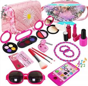 img 4 attached to 22Pcs Princess Pretend Play Makeup Kit For Girls Kids - Realistic Sounds, Cosmetic Bag & Purse, Birthday Gift Idea For Little Girl Toys