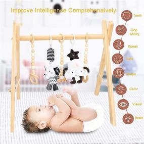 img 3 attached to Foldable Wooden Baby Play Gym with Animal Sensory Hanging Rattle Toys (2 PCS) 👶 and Teething Toys (3 PCS) – Visual, Cognitive, and Sensory Stimulation for Babies 0-12 Months