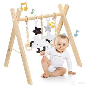 img 4 attached to Foldable Wooden Baby Play Gym with Animal Sensory Hanging Rattle Toys (2 PCS) 👶 and Teething Toys (3 PCS) – Visual, Cognitive, and Sensory Stimulation for Babies 0-12 Months